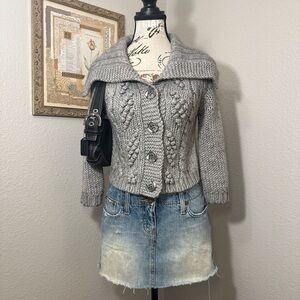 Vintage Y2K Express Grey Knitted Cropped Cardigan Women’s Size Small